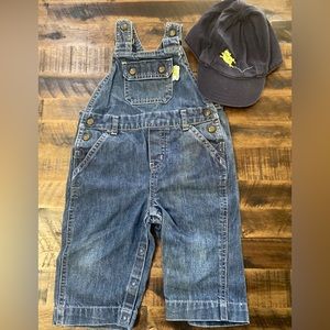 Vintage Gymboree Jean Overalls w/matching Hat Frog 6-12 Months Baby Boy